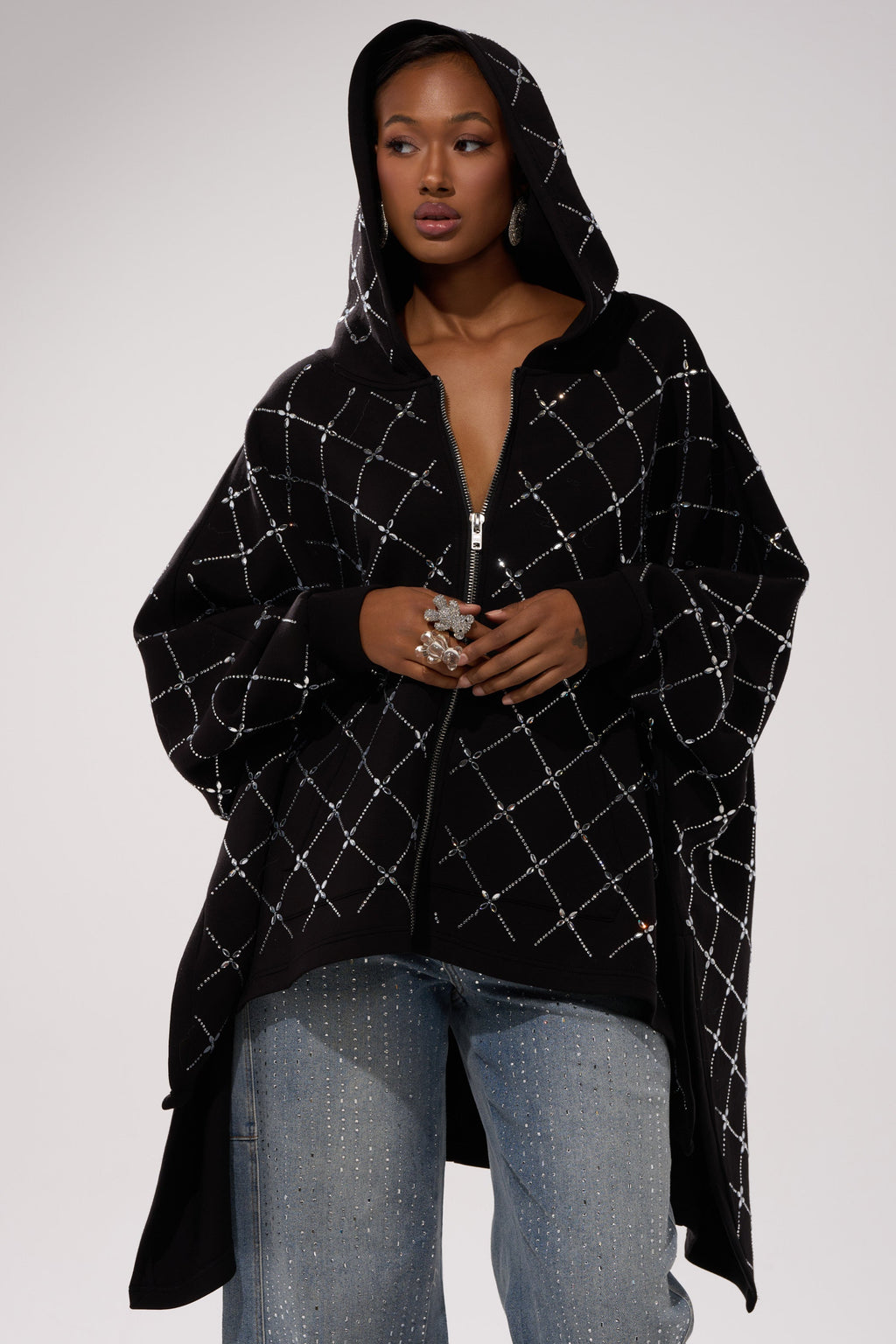 BLING BLING OVERSIZED ZIP UP SWEATSHIRT