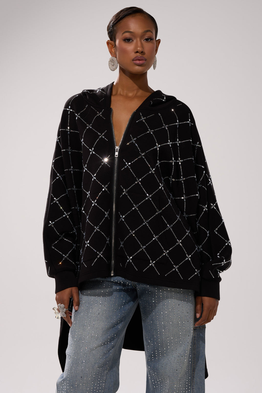 BLING BLING OVERSIZED ZIP UP SWEATSHIRT