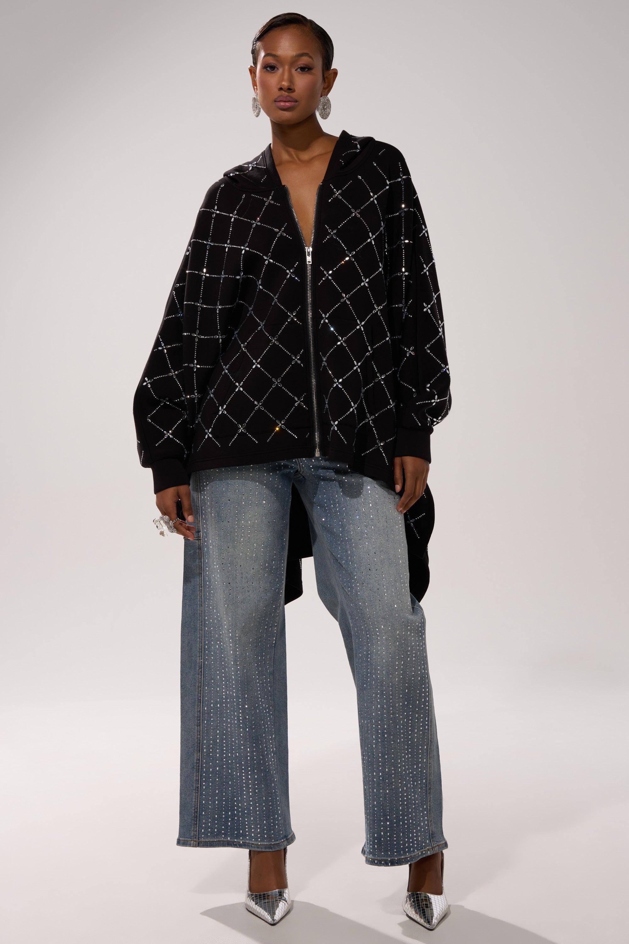 BLING BLING OVERSIZED ZIP UP SWEATSHIRT