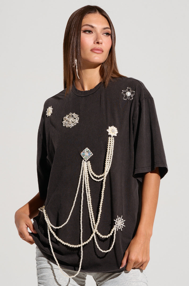 DRIPPING IN JEWELS EMBELLISHED T SHIRT IN HEATHER GREY
