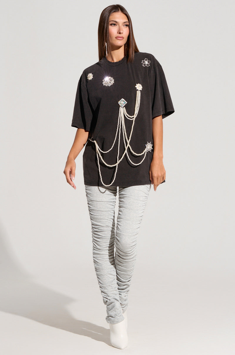 DRIPPING IN JEWELS EMBELLISHED T SHIRT IN HEATHER GREY