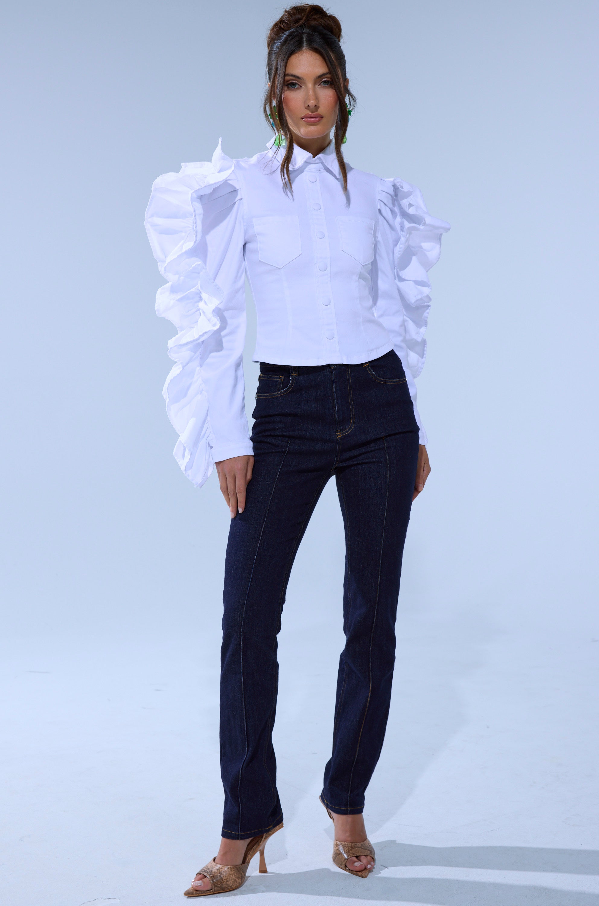 DREA RUFFLE SLEEVE BUTTON DOWN