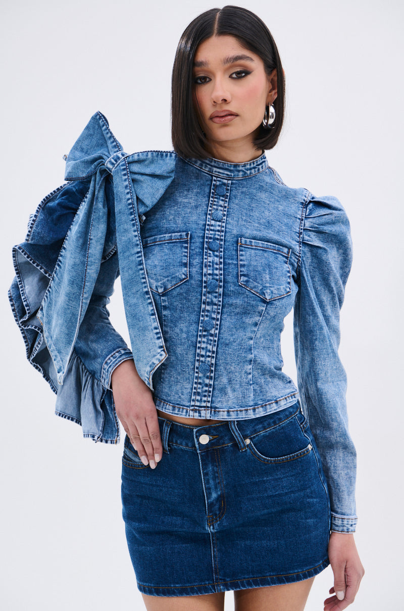 SEIZE THE DAY LONG SLEEVE FLOUNCE MEDIUM BLUE DENIM TOP