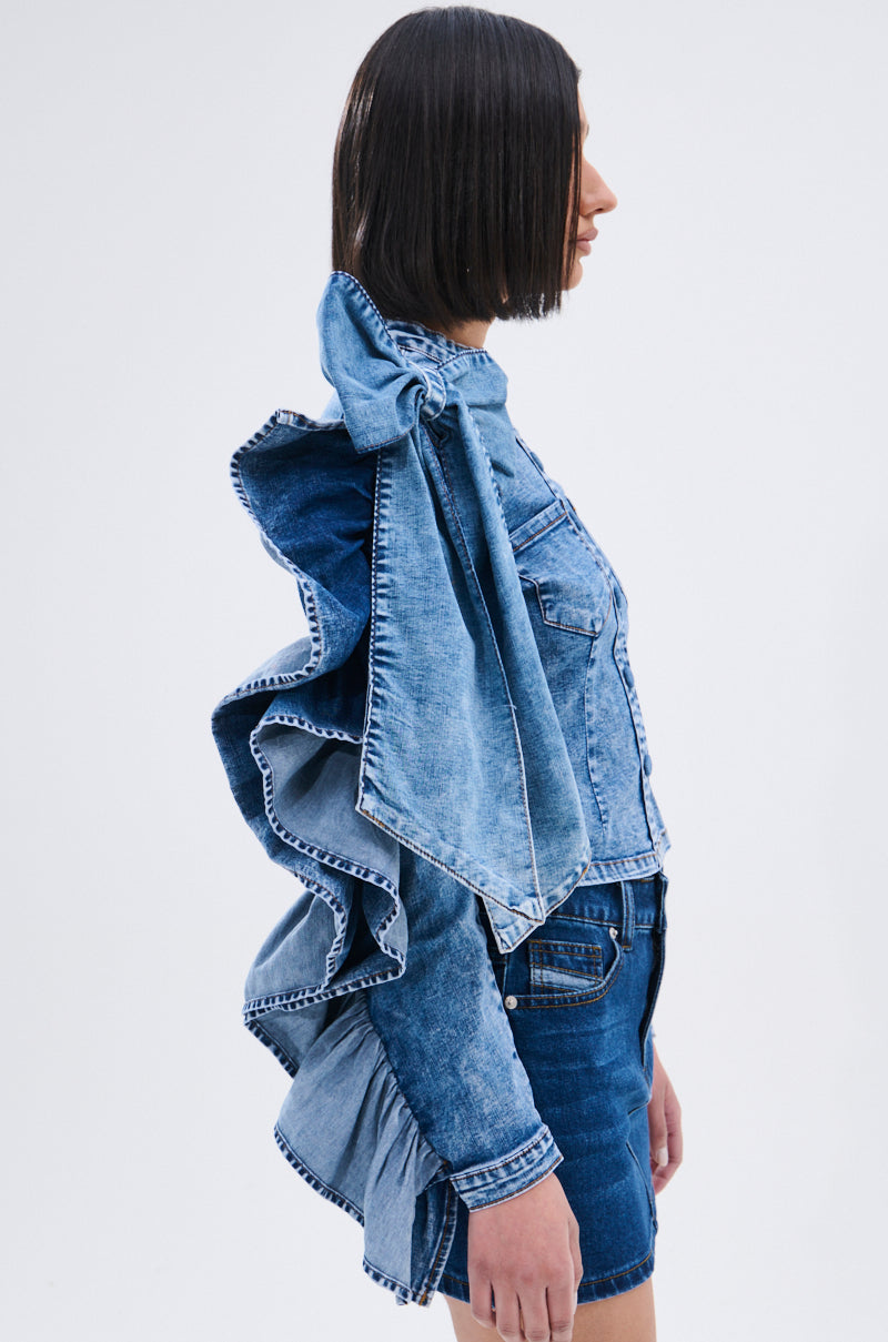 SEIZE THE DAY LONG SLEEVE FLOUNCE MEDIUM BLUE DENIM TOP