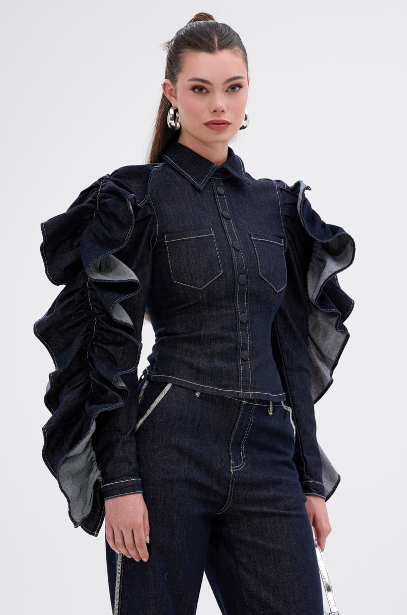 RUFFLED UP LONG SLEEVE DENIM TOP