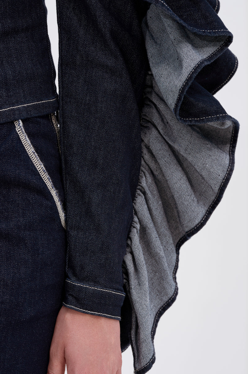 RUFFLED UP LONG SLEEVE DENIM TOP