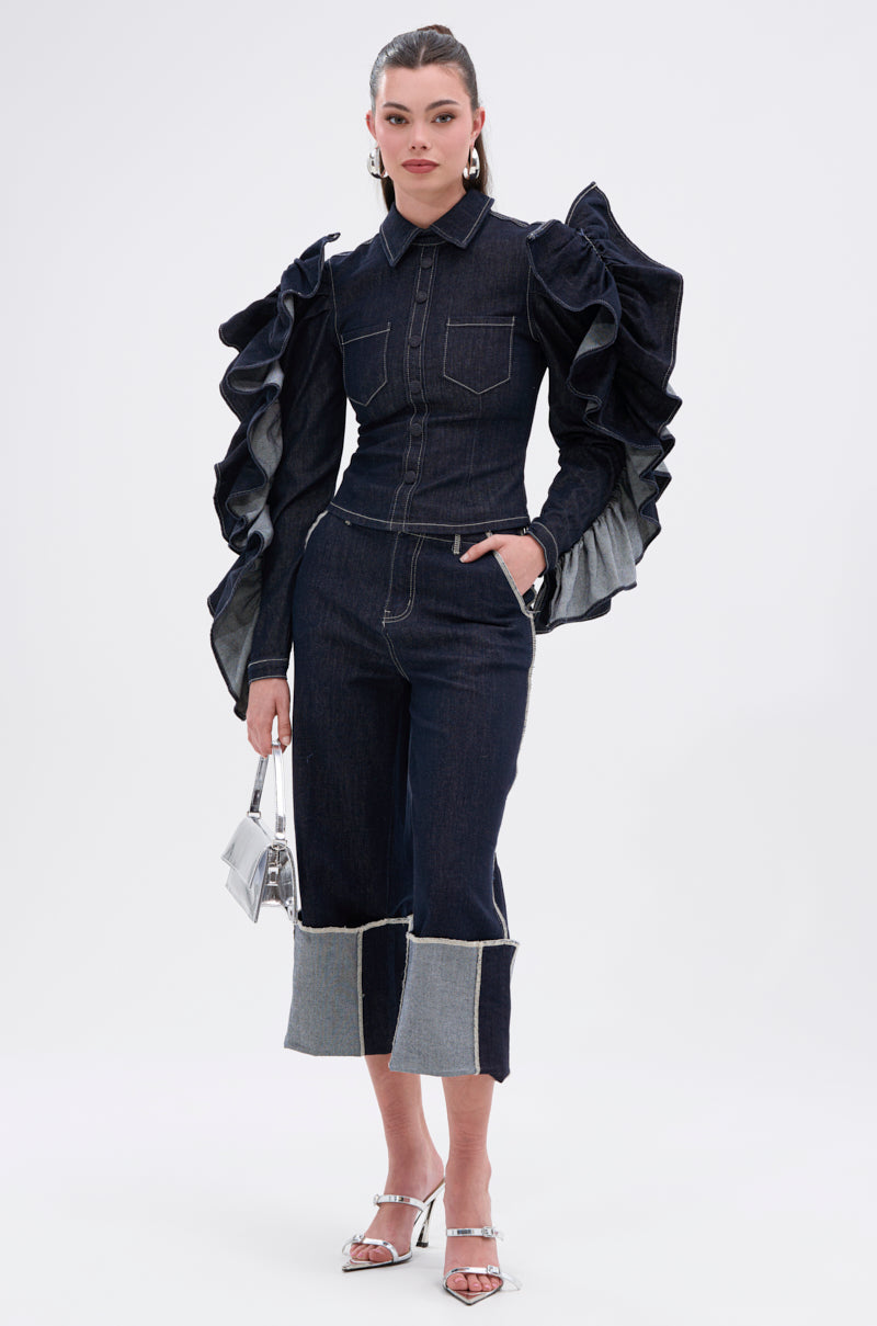 RUFFLED UP LONG SLEEVE DENIM TOP