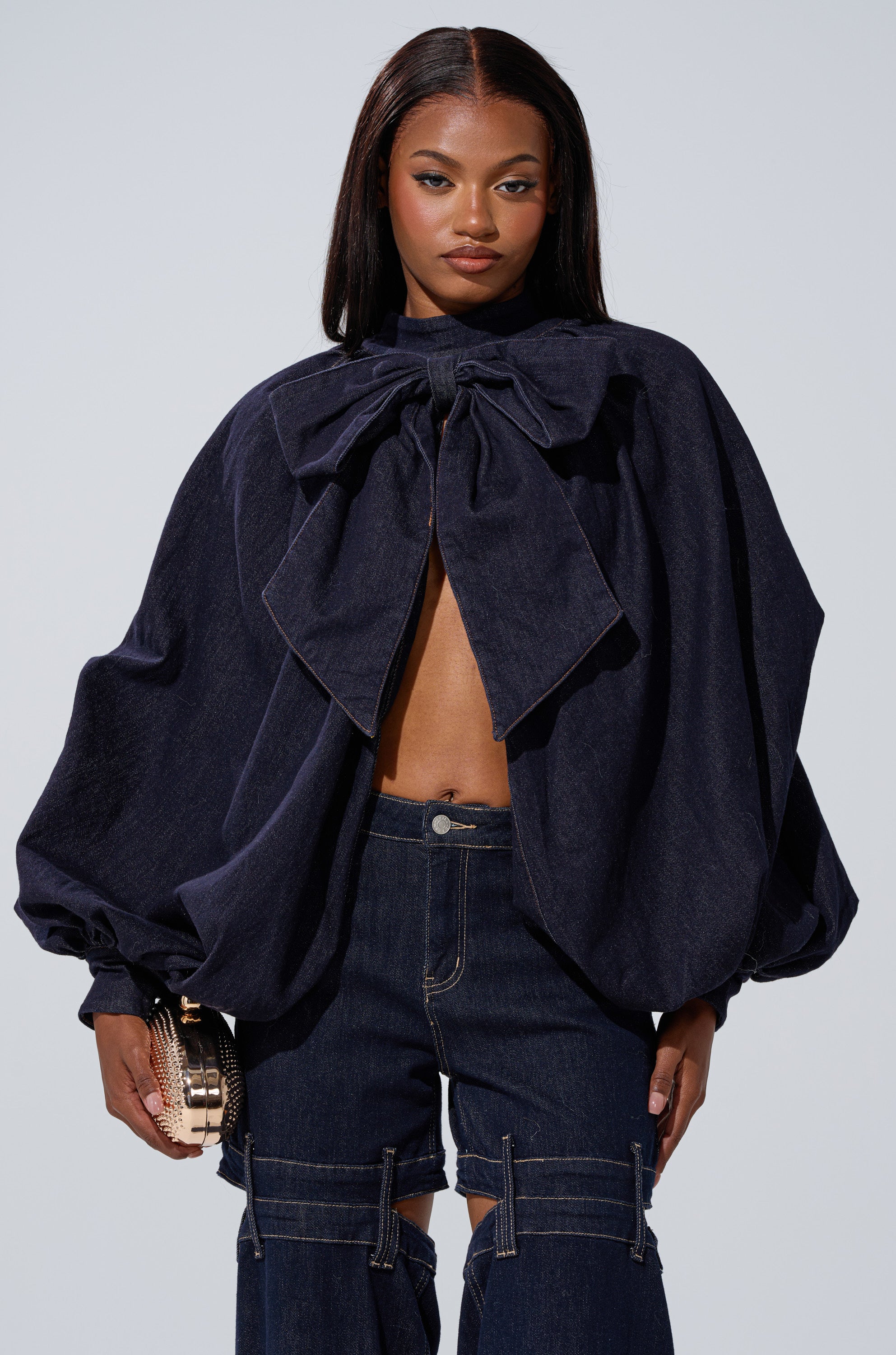 LEAH RUCHED DENIM MOCK NECK TOP IN DARK BLUE DENIM