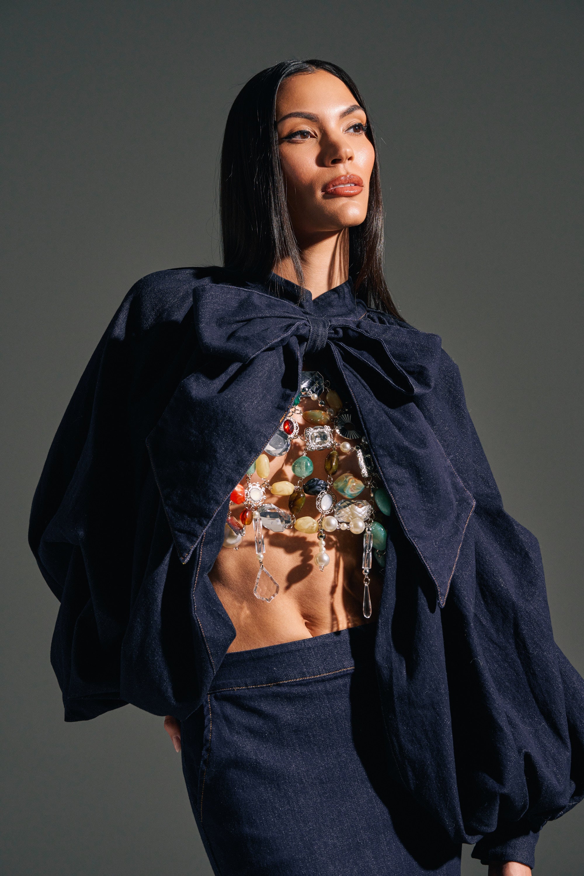 LEAH RUCHED DENIM MOCK NECK TOP IN DARK BLUE DENIM