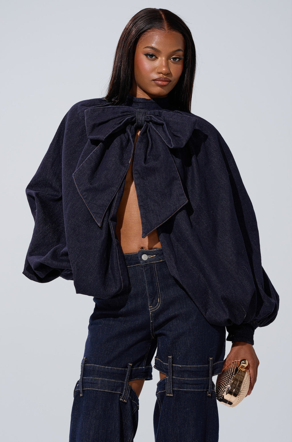 LEAH RUCHED DENIM MOCK NECK TOP IN DARK BLUE DENIM