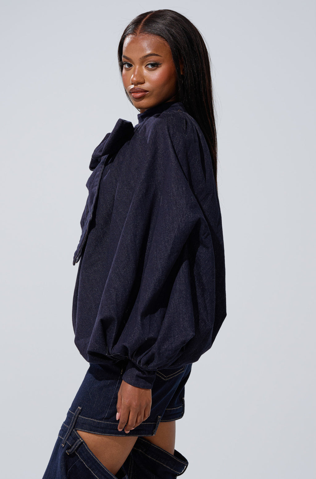 LEAH RUCHED DENIM MOCK NECK TOP IN DARK BLUE DENIM