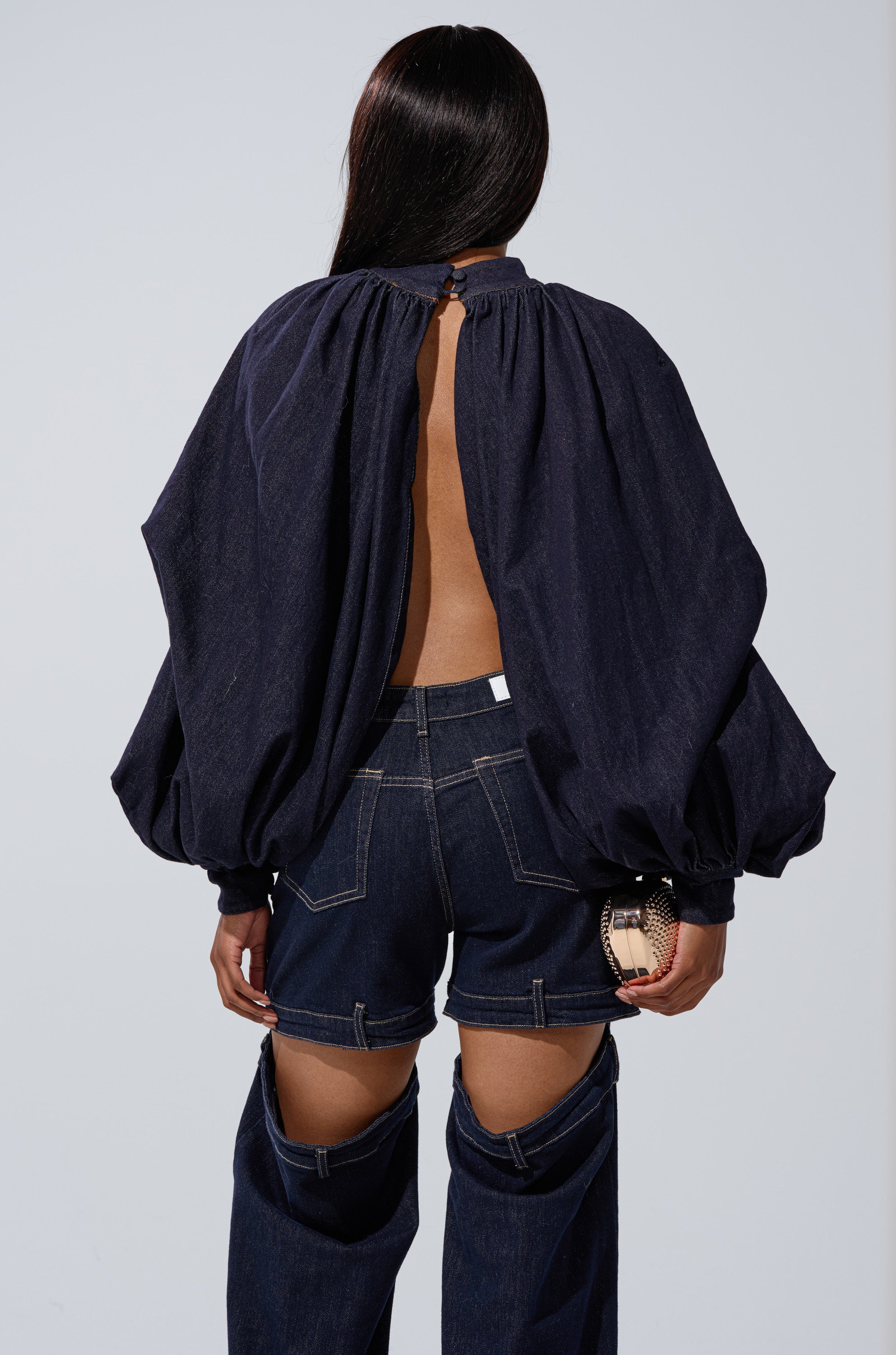 LEAH RUCHED DENIM MOCK NECK TOP IN DARK BLUE DENIM