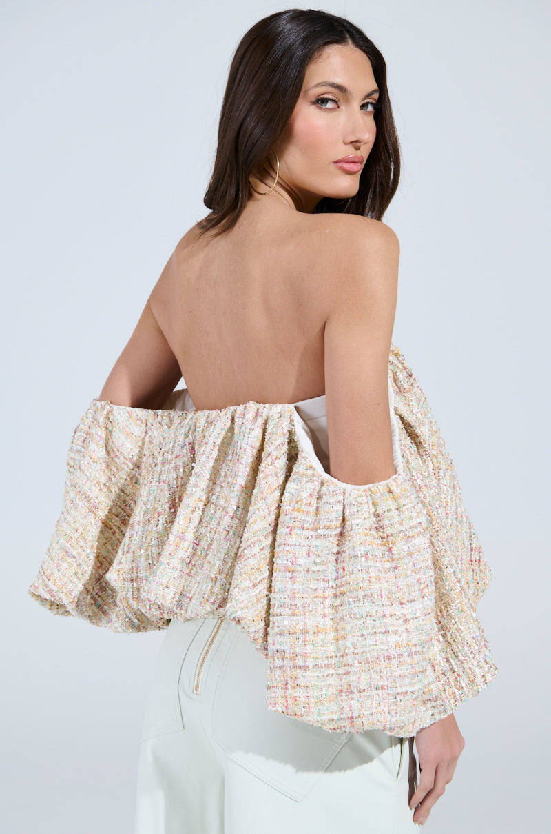 THE PRETTIEST FLOWER TWEED OFF-SHOULDER TOP