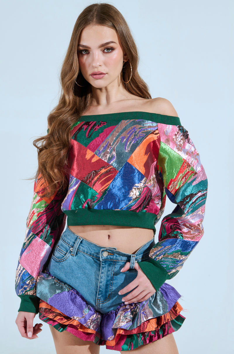 LIFE IS BUT A DREAM OFF THE SHOULDER MULTI PRINT SWEATSHIRT