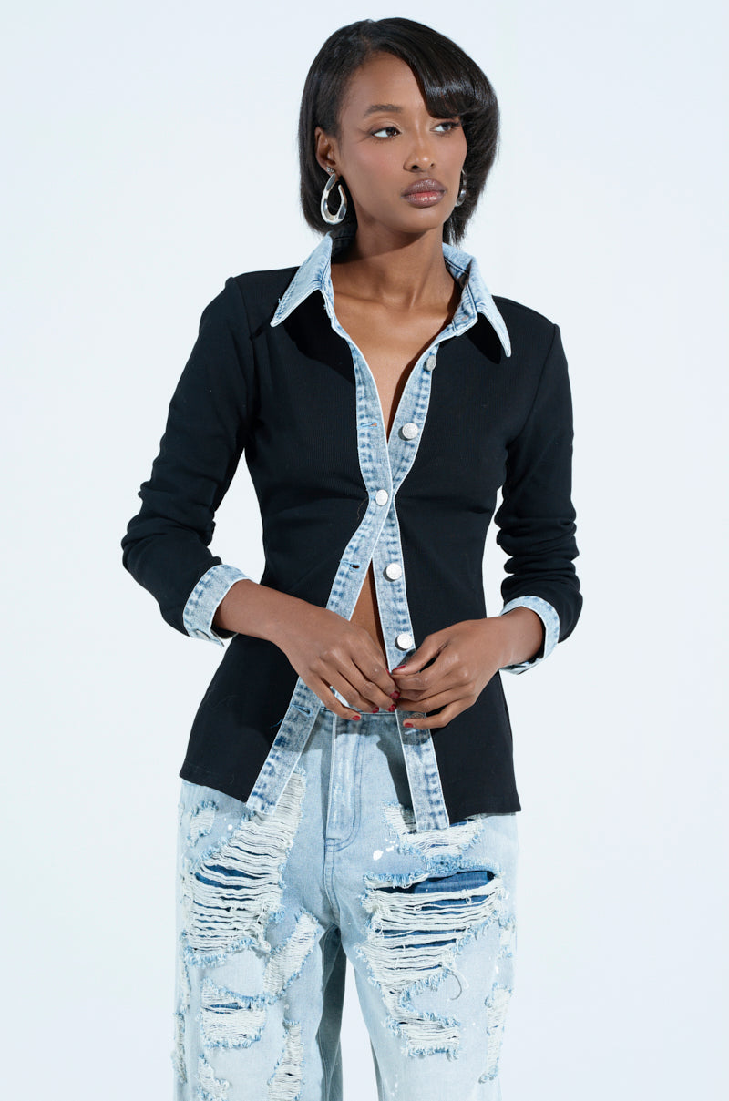 RIB KNIT DENIM TRIM BUTTON DOWN COLLARED SHIRT IN BLACK