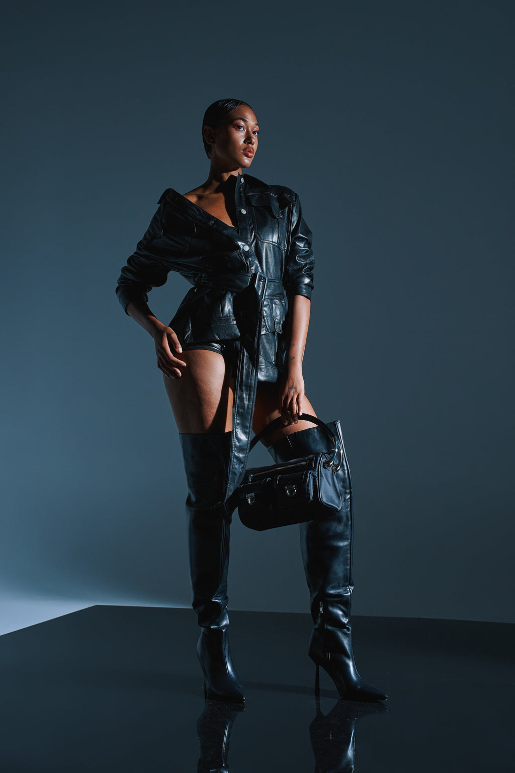 TALK TO ME BABY FAUX LEATHER BUTTON DOWN