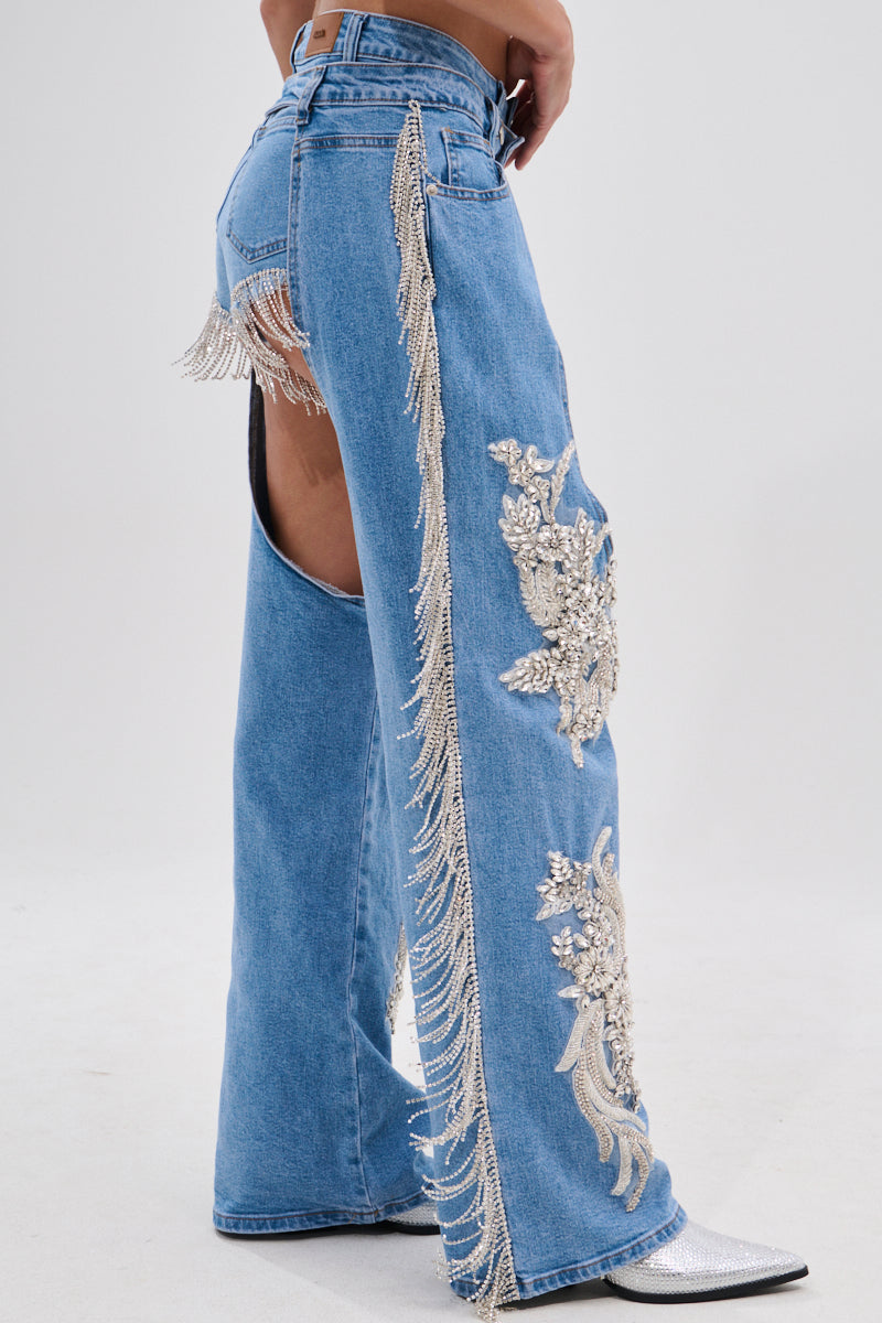 DIVALICIOUS DENIM CHAPS IN LIGHT BLUE