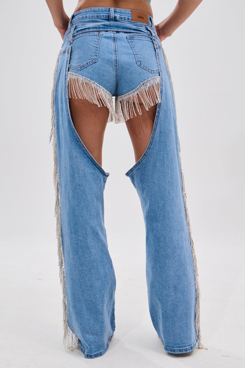 DIVALICIOUS DENIM CHAPS IN LIGHT BLUE