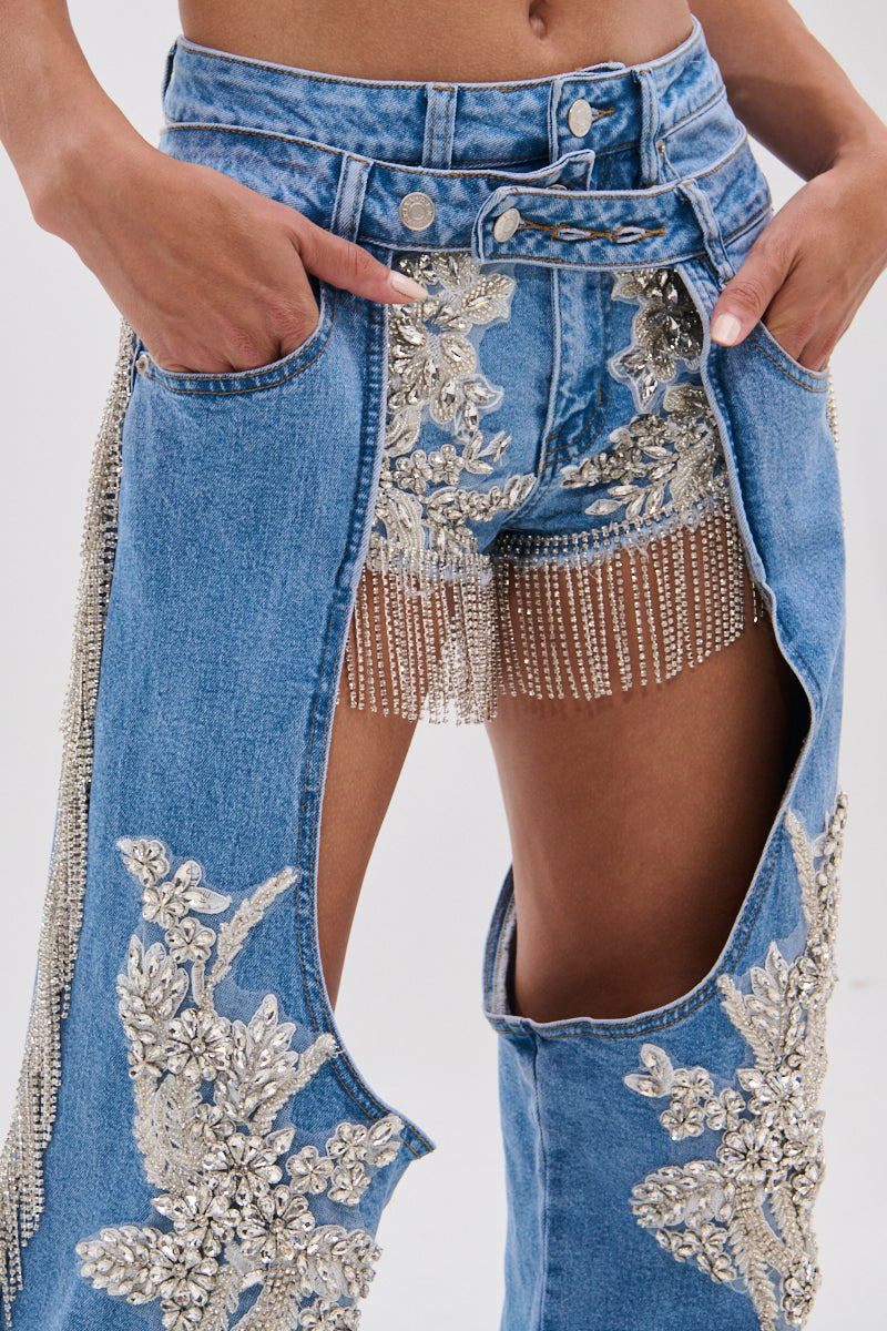 DIVALICIOUS DENIM CHAPS IN LIGHT BLUE