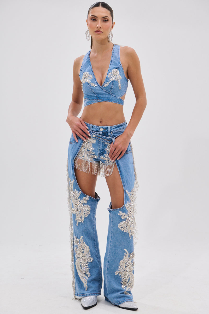 DIVALICIOUS DENIM BRA TOP IN LIGHT BLUE