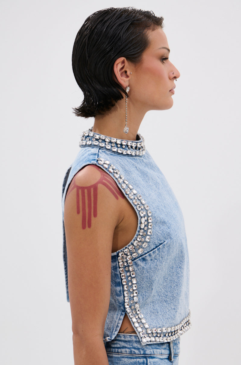 POPPING OUT RHINESTONE DENIM BLOUSE