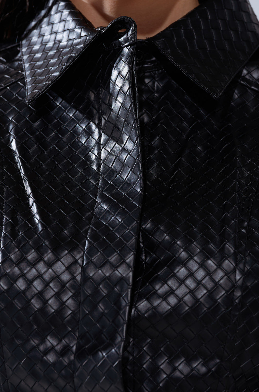 FEELING RICH FAUX LEATHER BUTTON DOWN IN BLACK