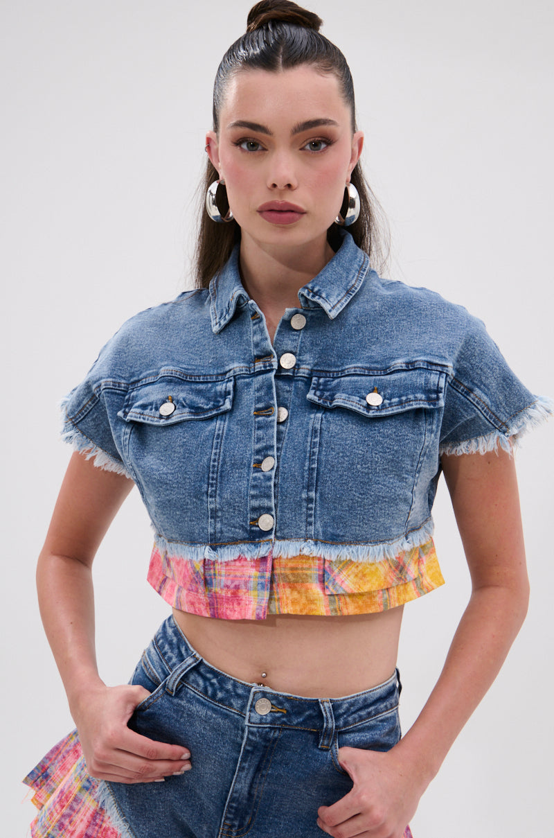 FULL OF LIFE DENIM BUTTON DOWN WITH PLAID DETAILS