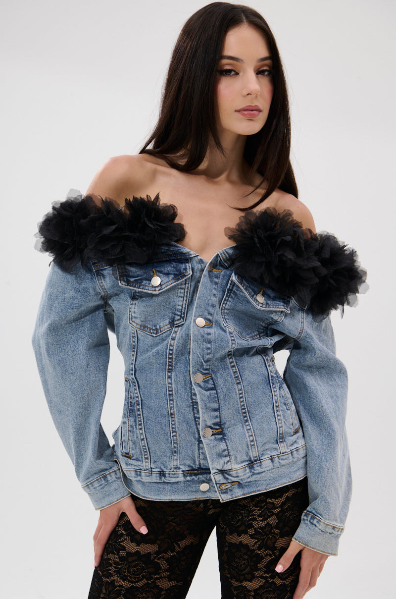 DANA OFF THE SHOULDER RUFFLE DETAIL DENIM TOP