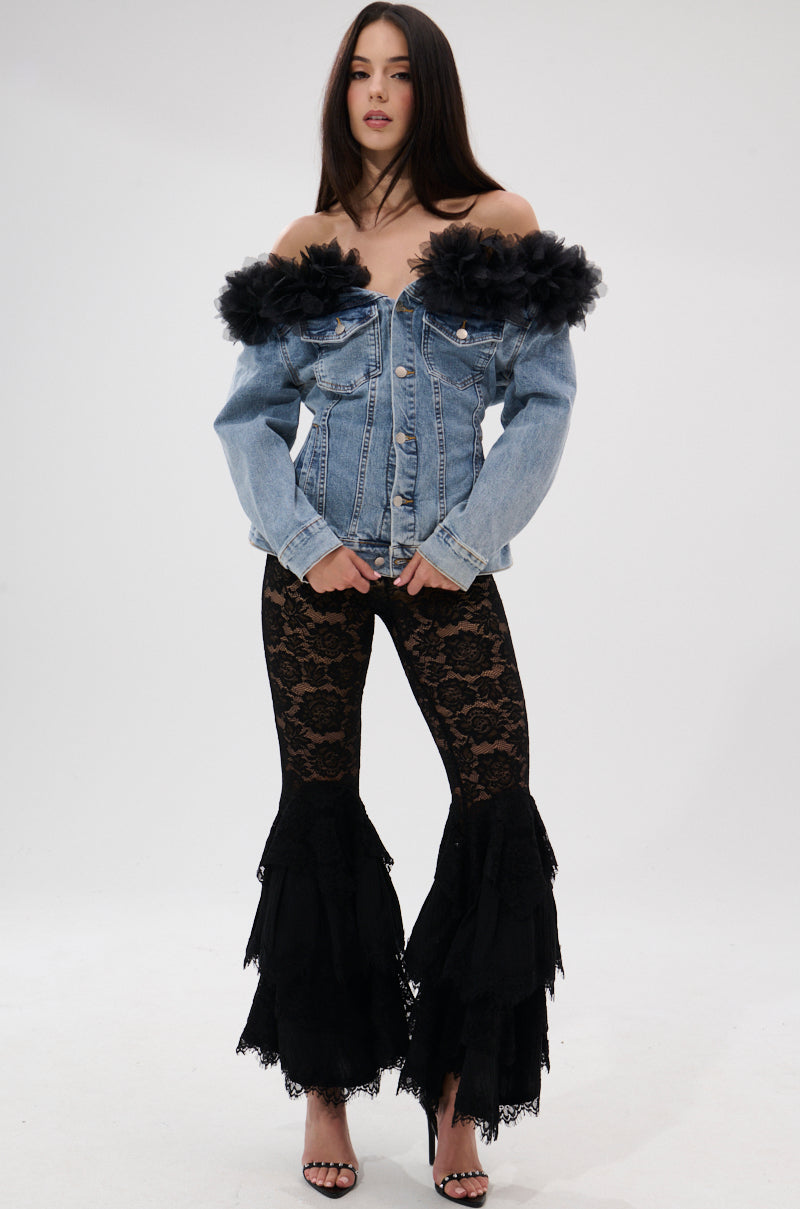 DANA OFF THE SHOULDER RUFFLE DETAIL DENIM TOP