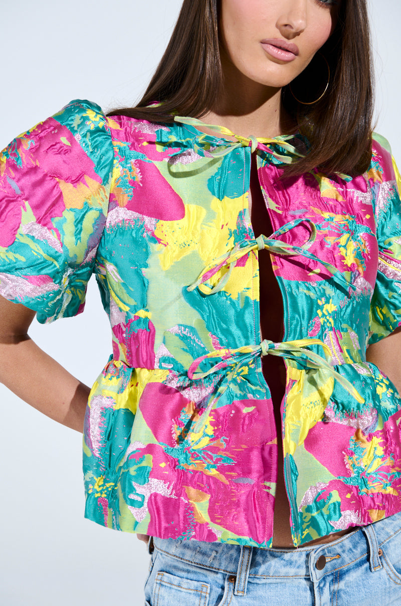 CARIBBEAN VIBES BROCADE TIE FRONT BLOUSE