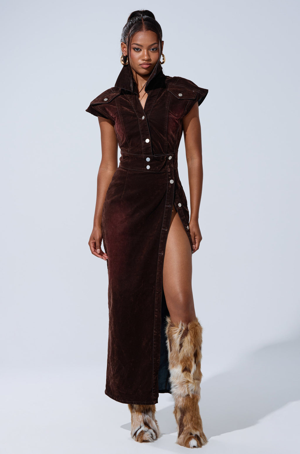 CHELSEA BUTTON DOWN MAXI DRESS IN VELVET DENIM