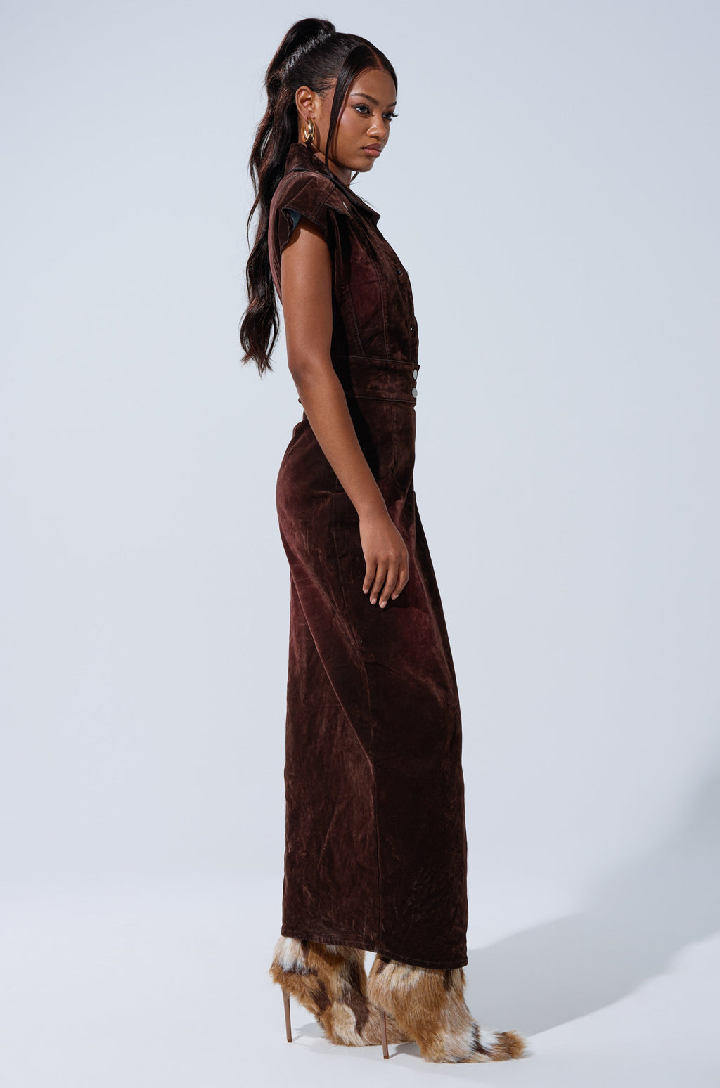 CHELSEA BUTTON DOWN MAXI DRESS IN VELVET DENIM