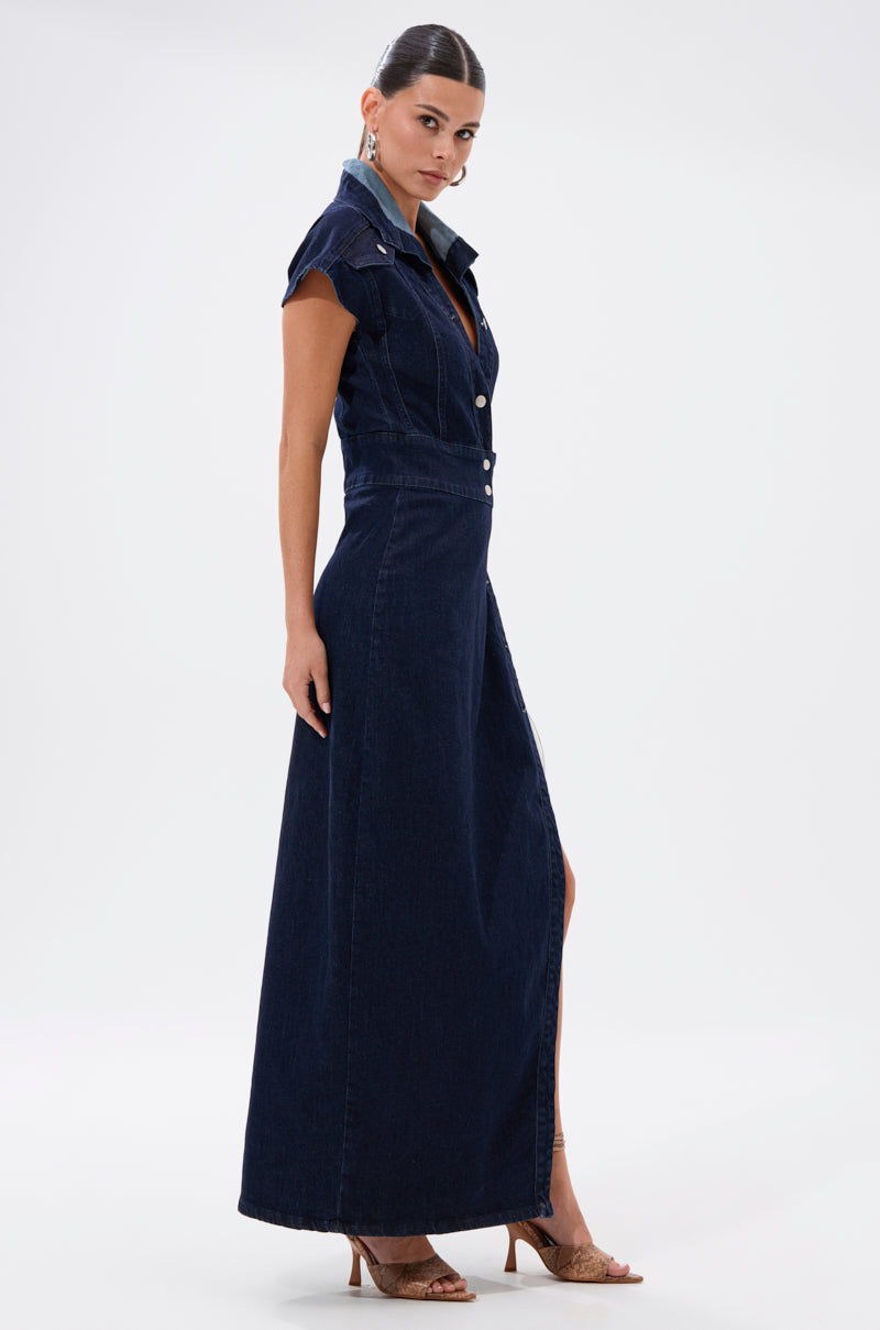 CHELSEA BUTTON SIDE DENIM MAXI DRESS