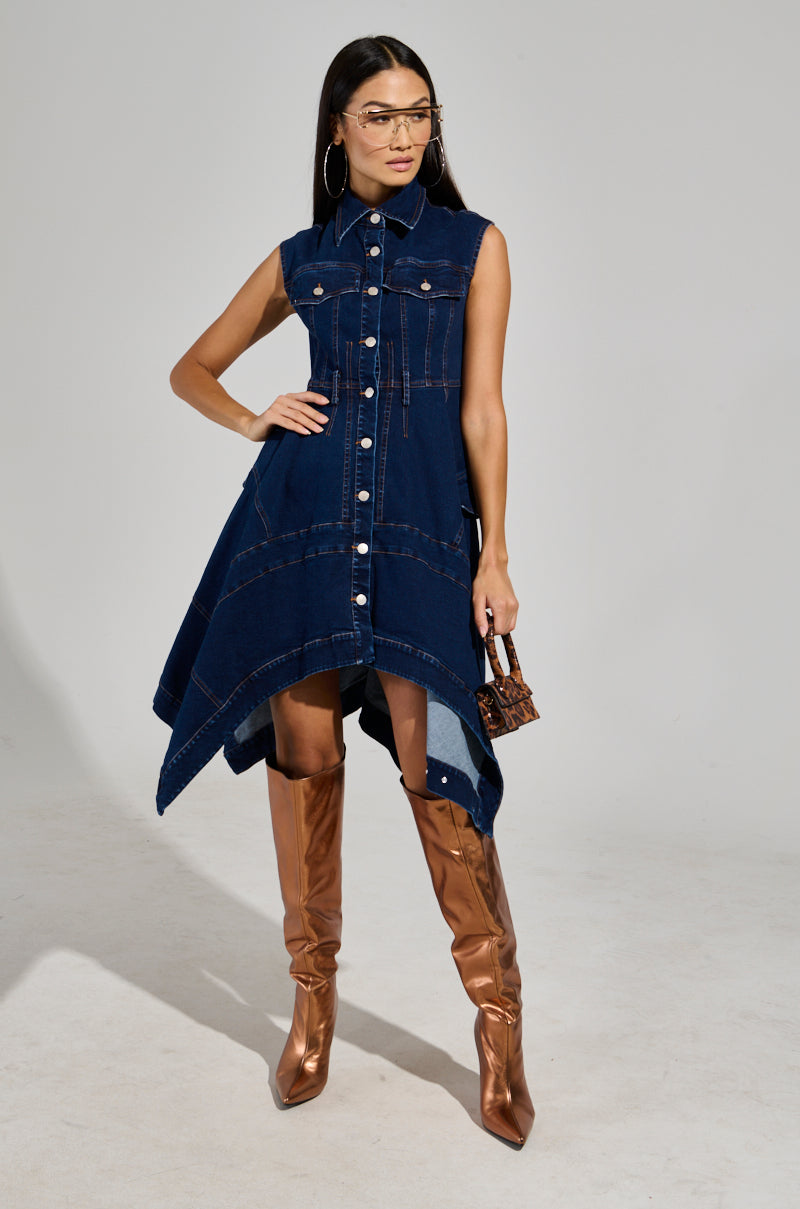 WINONA CAP SLEEVE BUTTON DOWN DENIM MIDI DRESS IN DARK BLUE