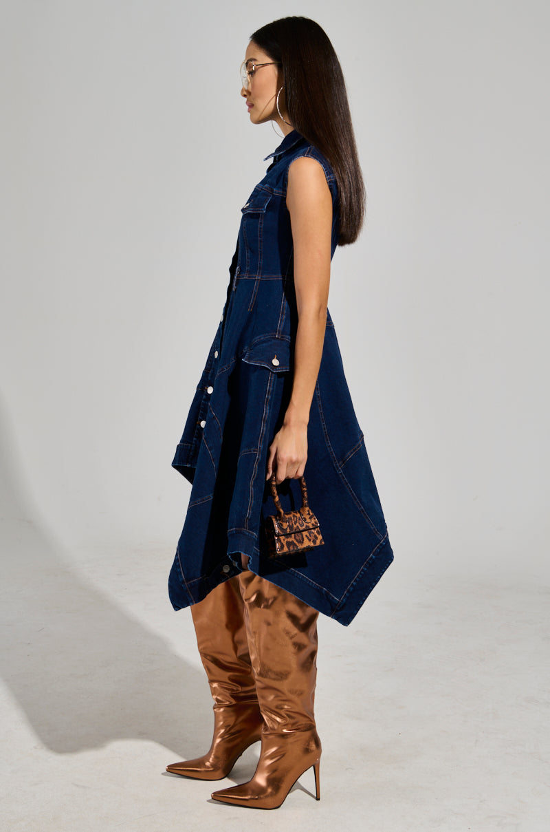 WINONA CAP SLEEVE BUTTON DOWN DENIM MIDI DRESS IN DARK BLUE