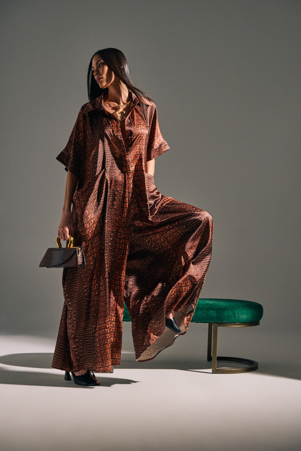 SHE'S RICH OVERSIZED SATIN JUMPSUIT IN CROC PRINT