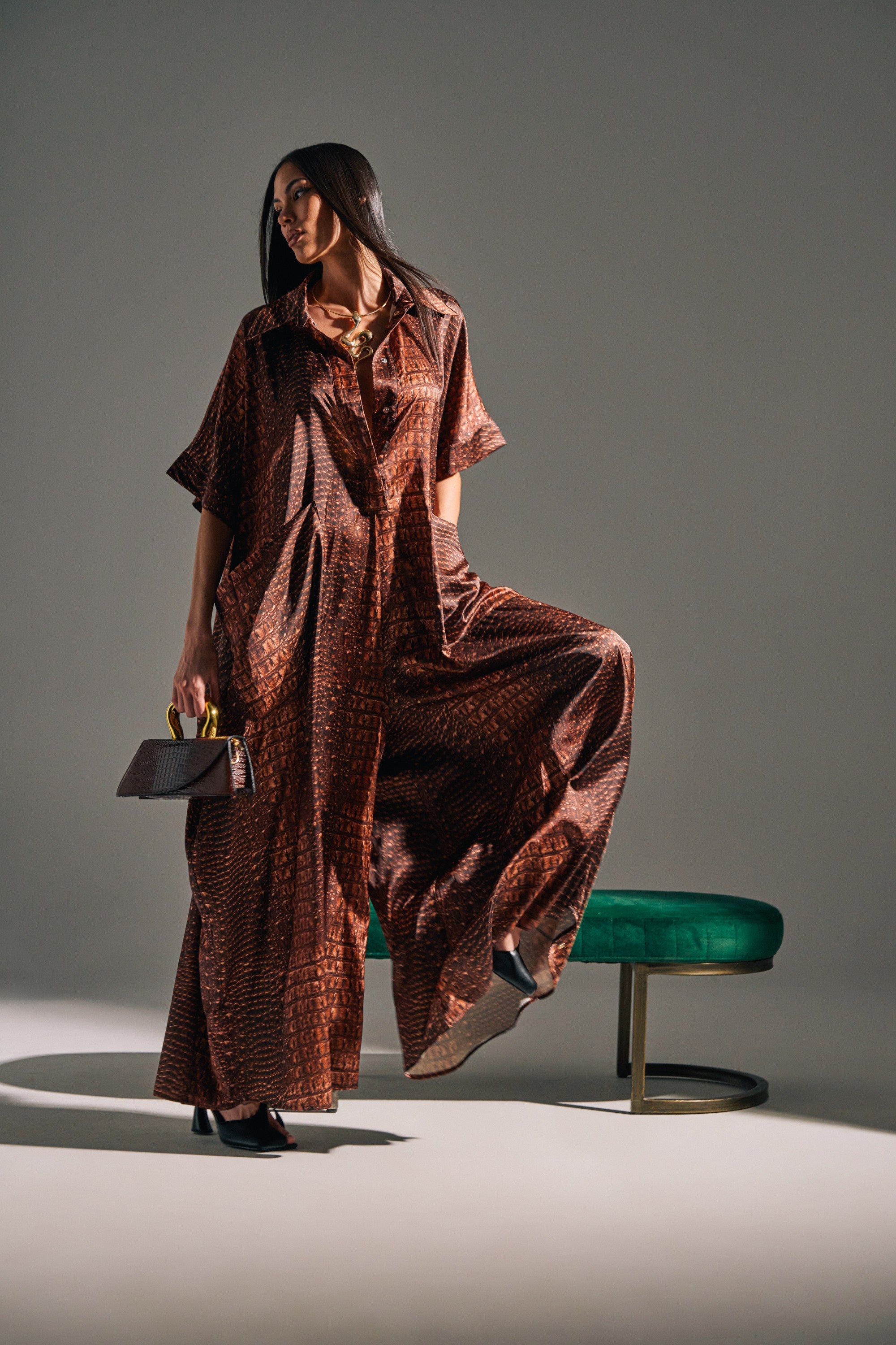 SHE'S RICH OVERSIZED SATIN JUMPSUIT IN CROC PRINT