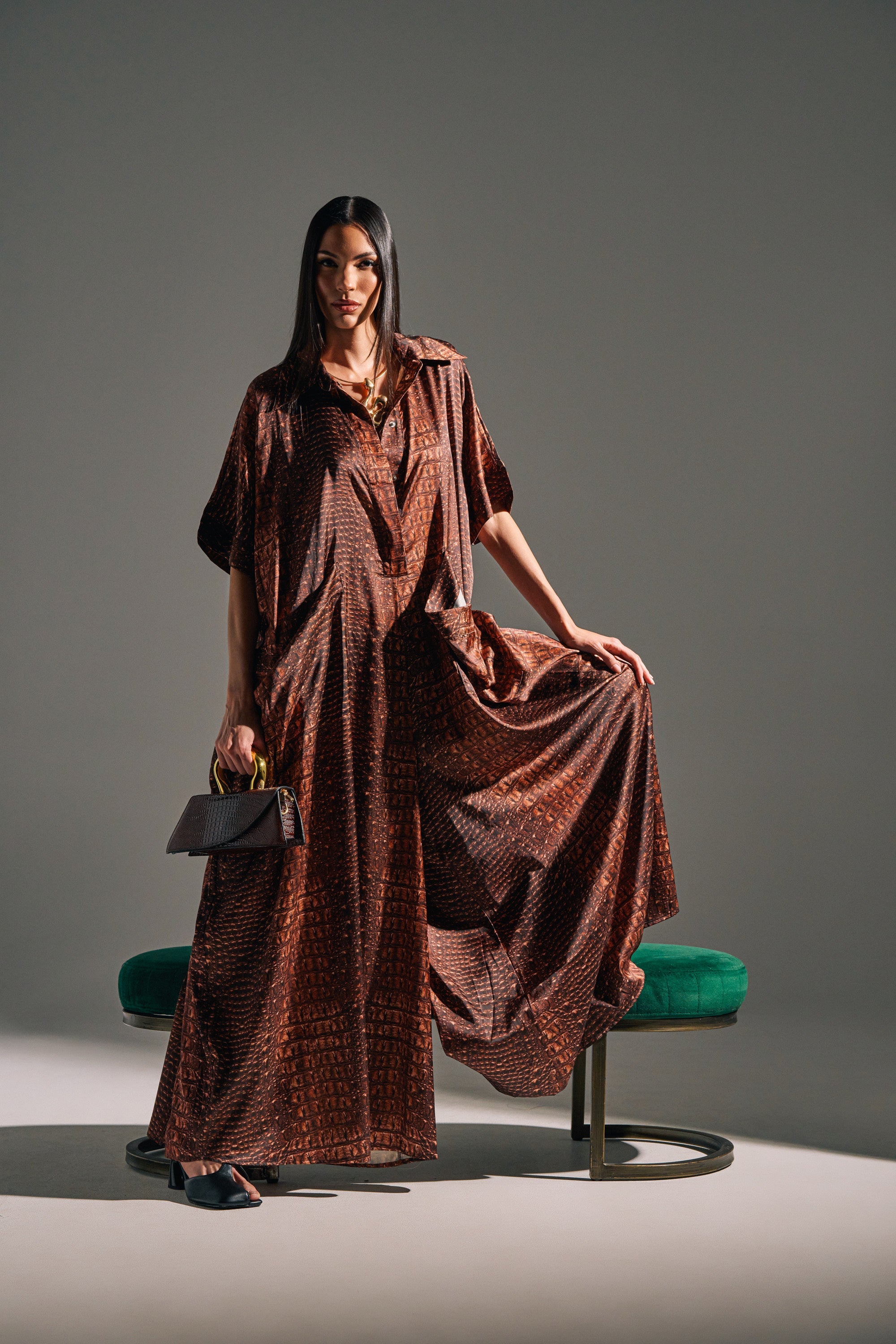 SHE'S RICH OVERSIZED SATIN JUMPSUIT IN CROC PRINT