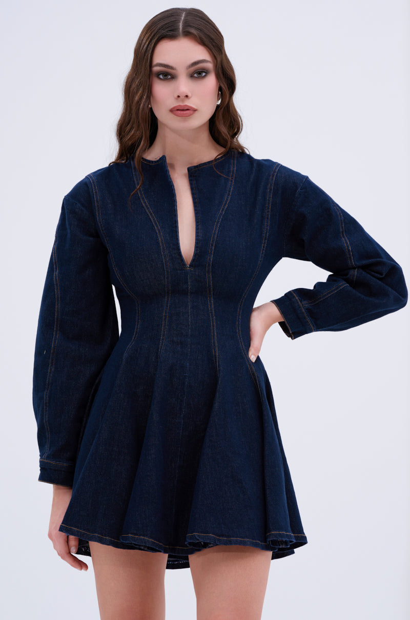 ALL ABOUT MY BUSINESS DENIM MINI DRESS IN DARK BLUE