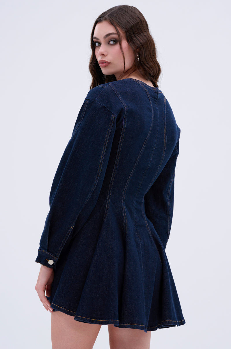 ALL ABOUT MY BUSINESS DENIM MINI DRESS IN DARK BLUE