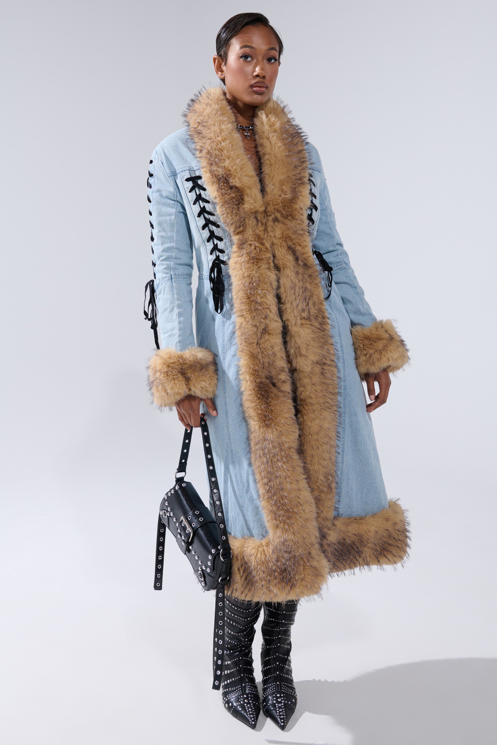 ERYKAH FUR TRIM DENIM TRENCH