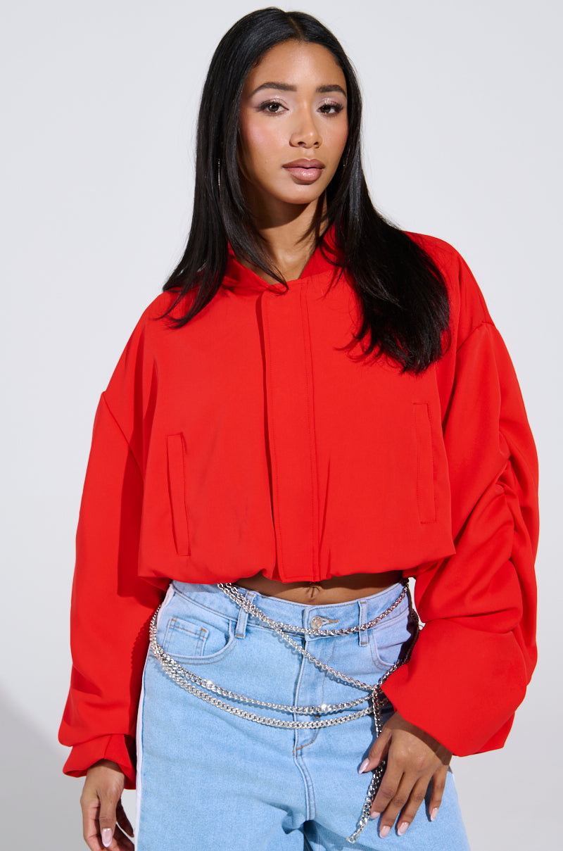 TREY RUCHED SLEEVE BOMBER IN RED