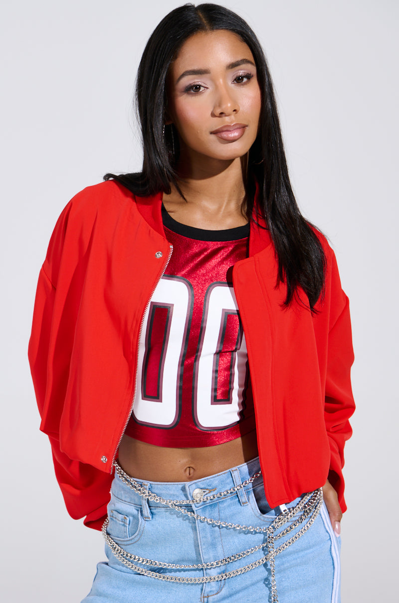 TREY RUCHED SLEEVE BOMBER IN RED