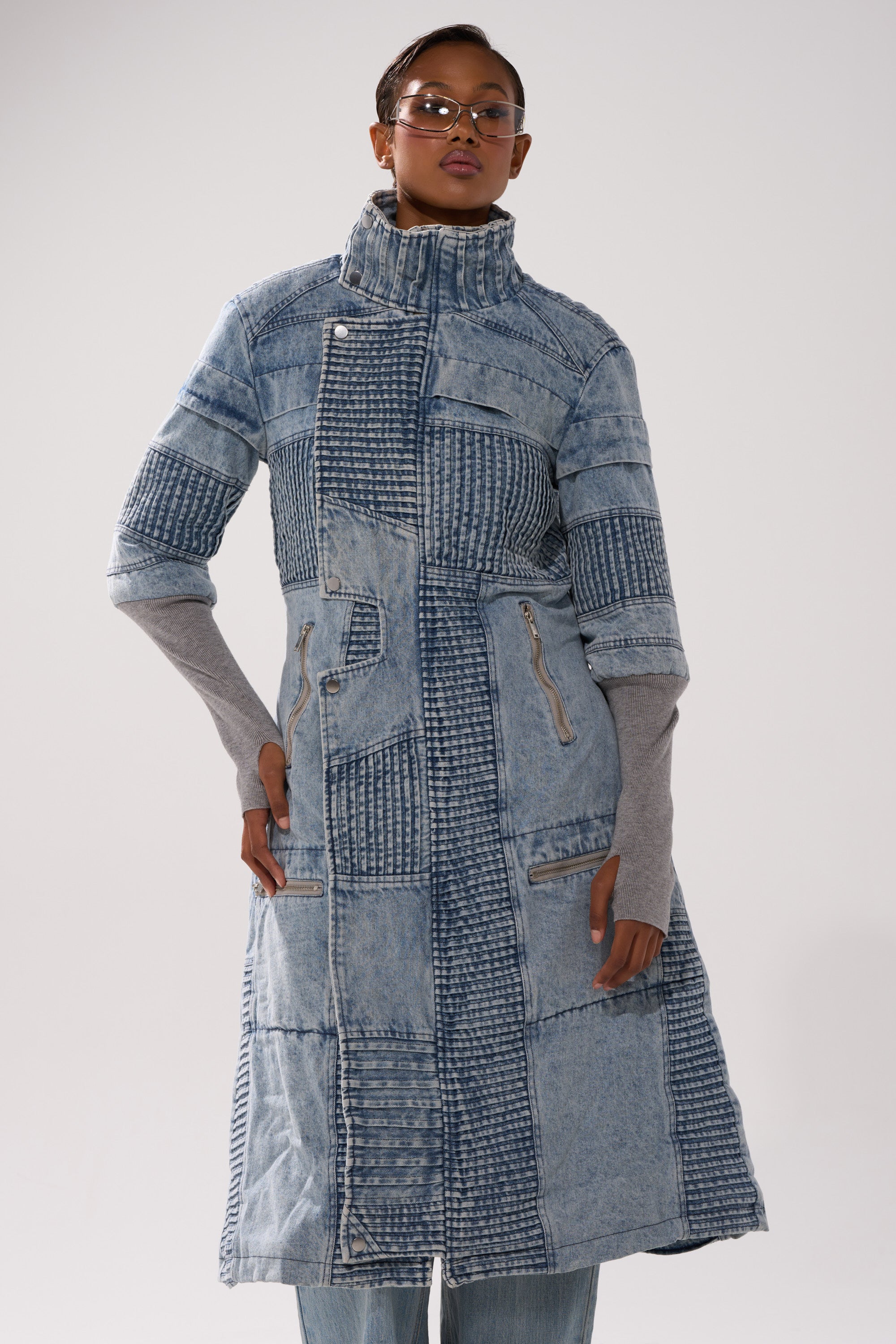 VORTEX DENIM TRENCH COAT IN BLUE