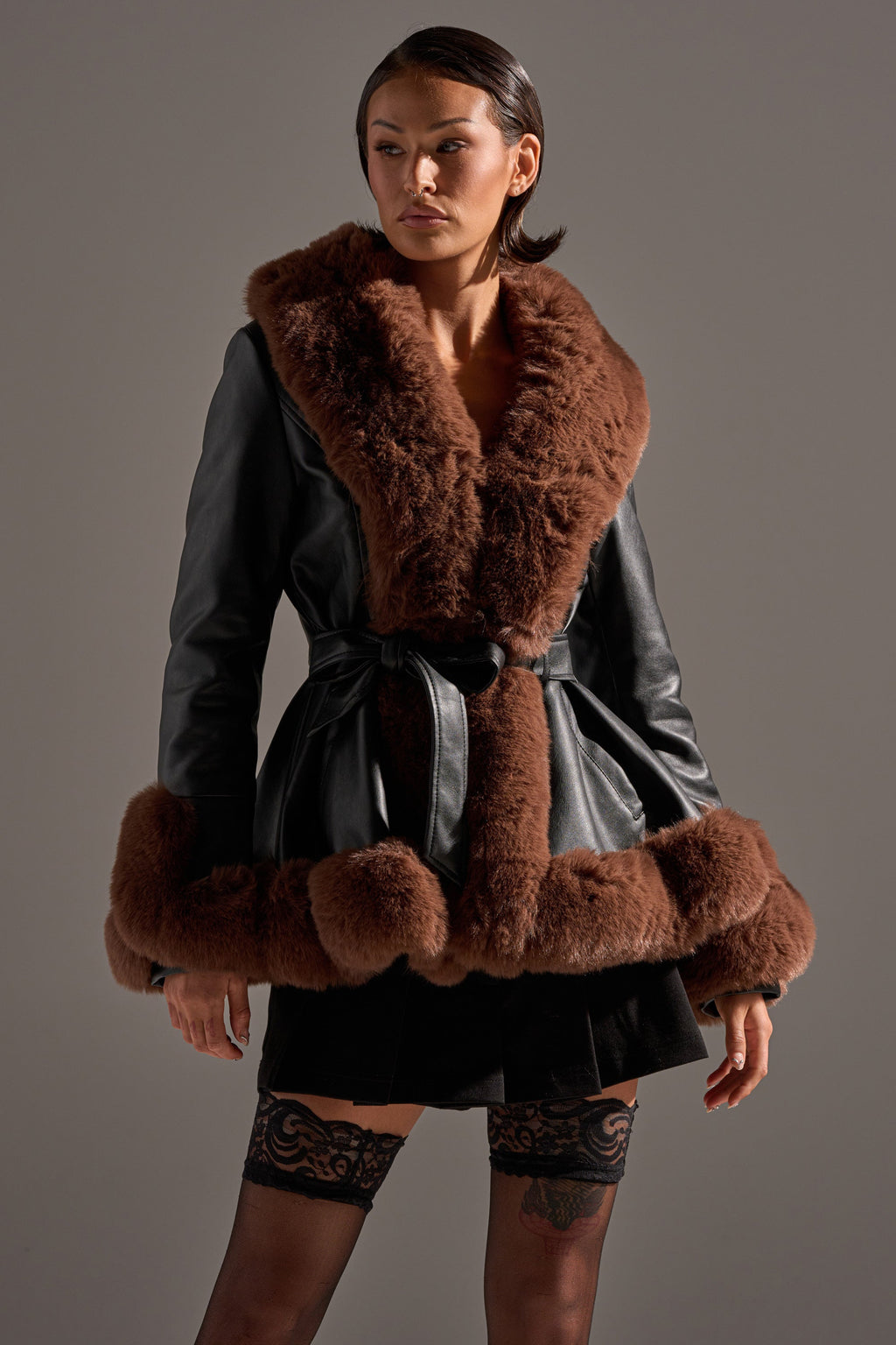 KENZY FUR TRIM PEPLUM MOTO IN BLACK BROWN