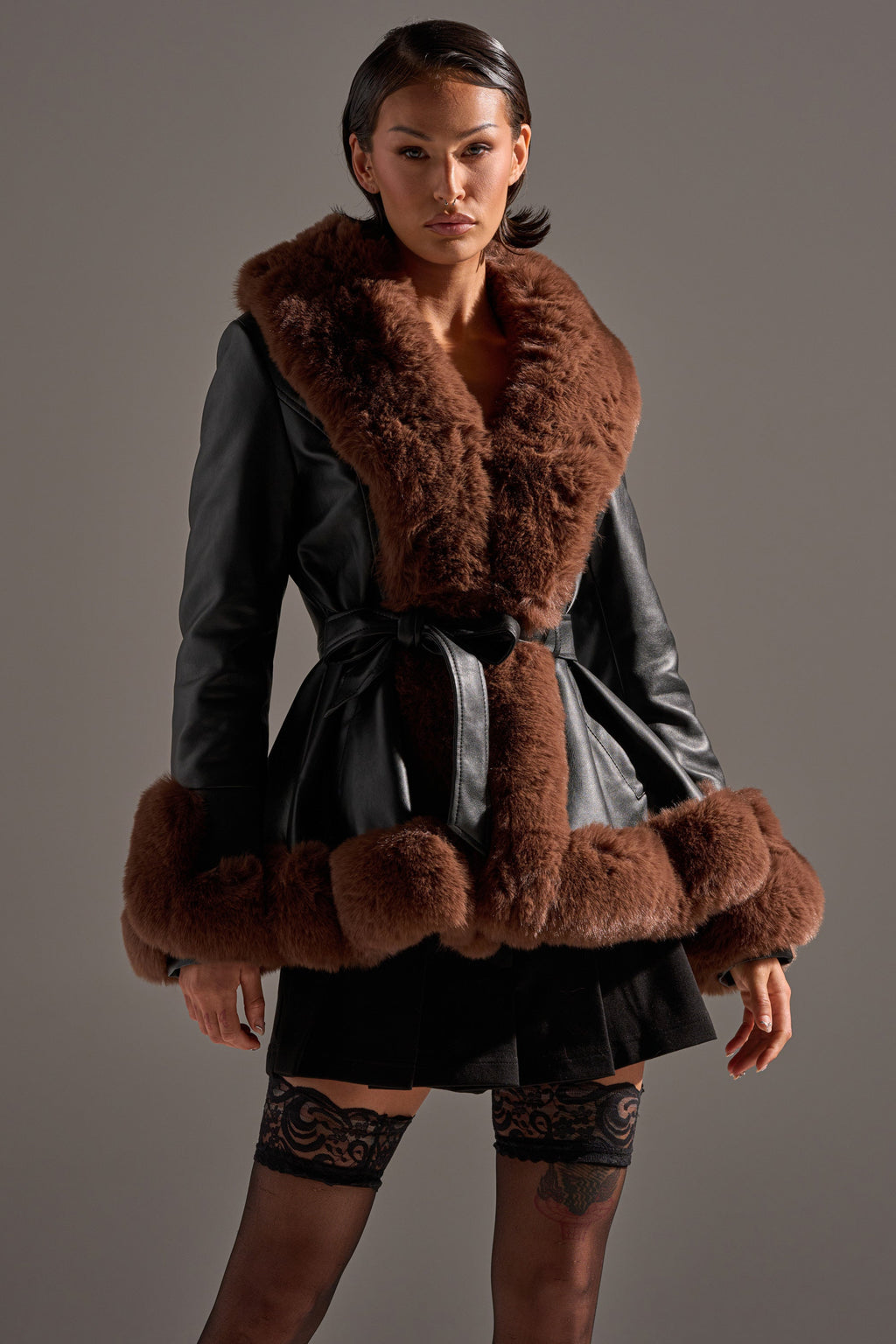 KENZY FUR TRIM PEPLUM MOTO IN BLACK BROWN