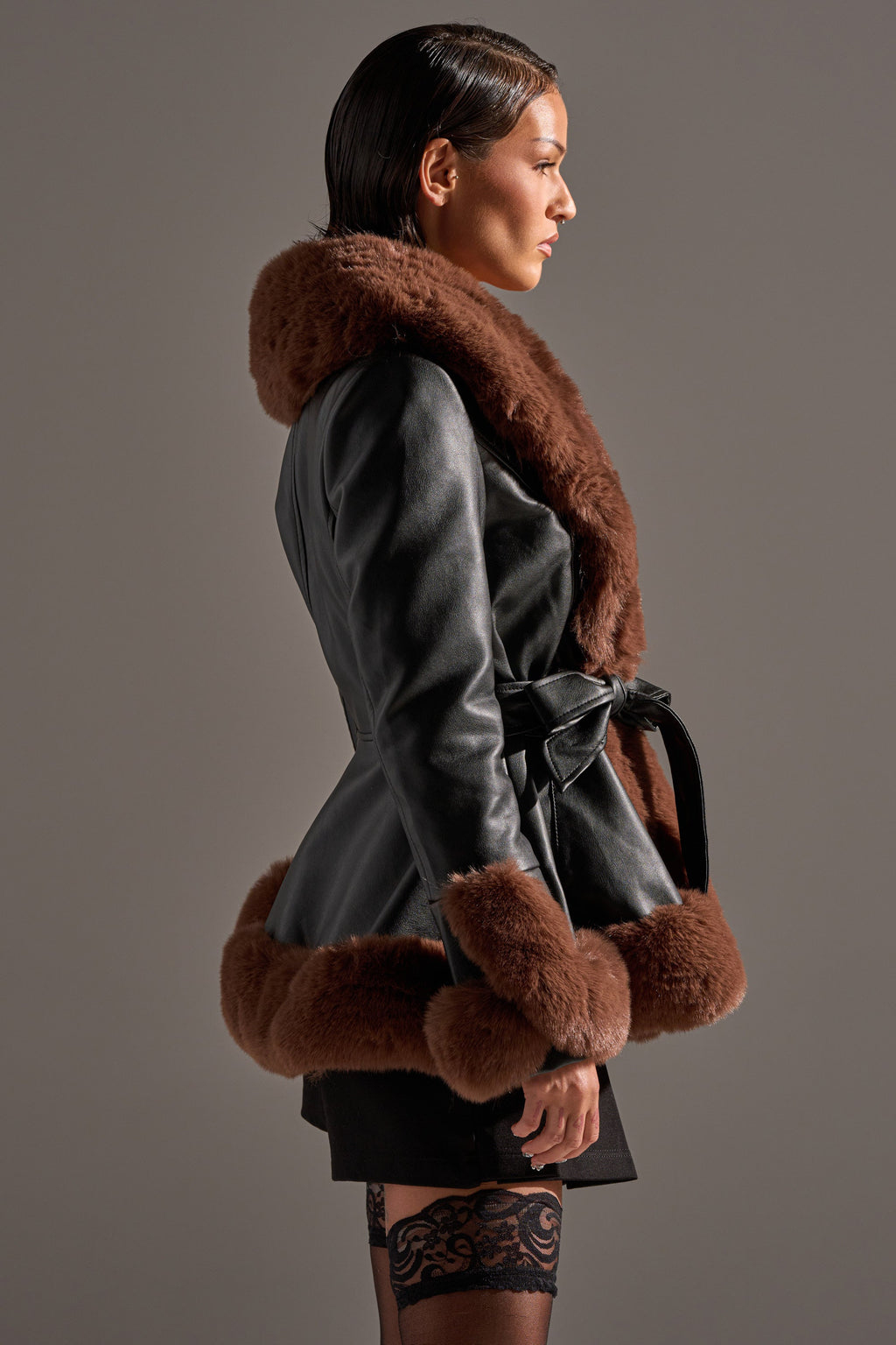 KENZY FUR TRIM PEPLUM MOTO IN BLACK BROWN