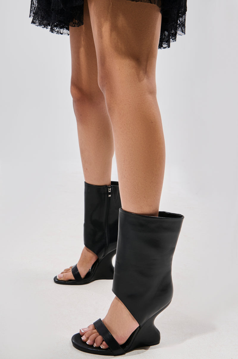 AZALEA WANG KYVEKI BLACK WEDGE OPEN TOE BOOTIE