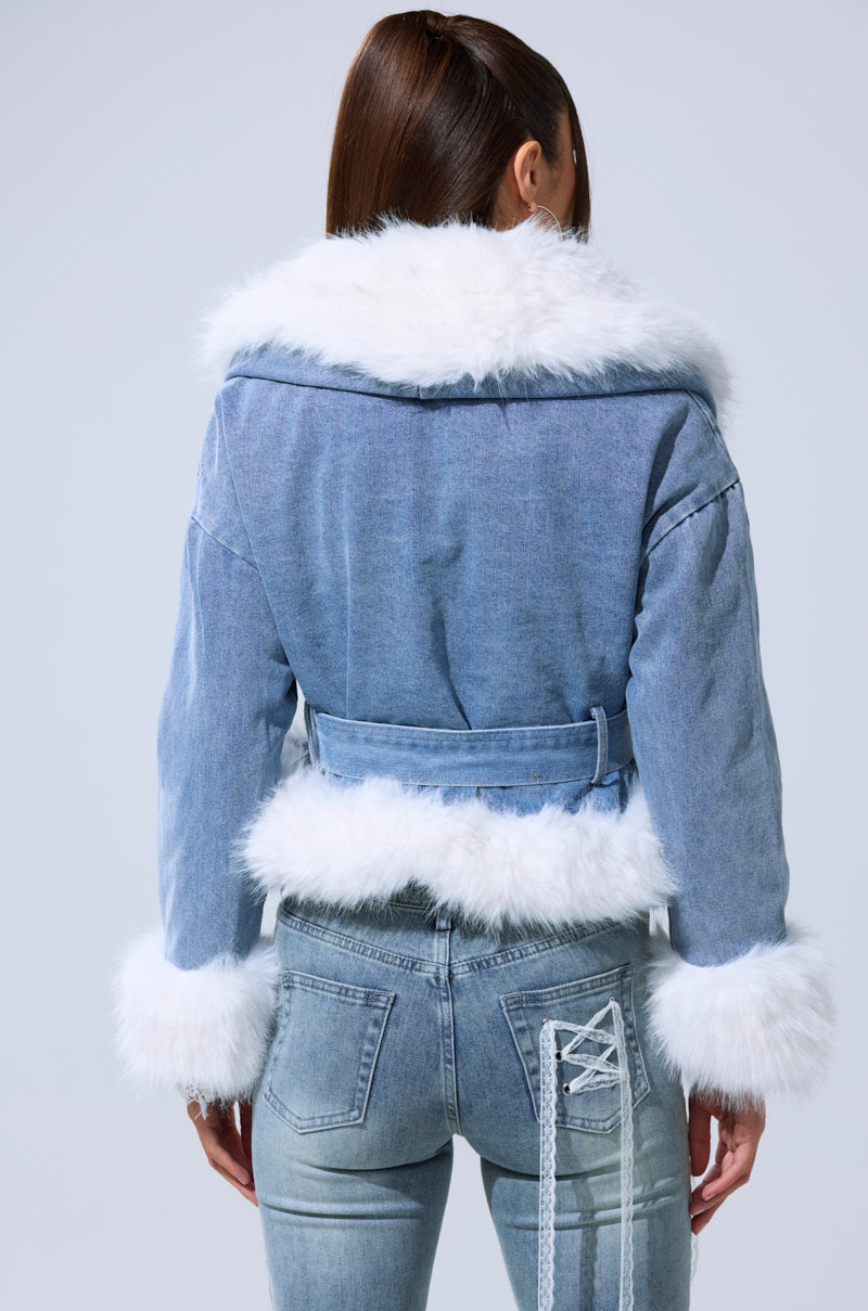 LAINEY FUR TRIM DENIM MOTO