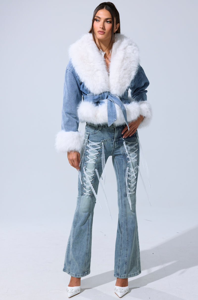 LAINEY FUR TRIM DENIM MOTO